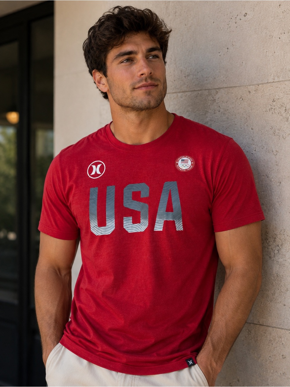 Hurley Red USA Graphic Tee with Silver Accents